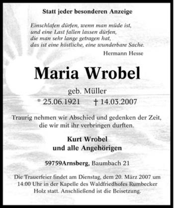 Traueranzeige von Maria Wrobel von Tageszeitung