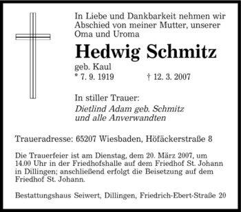 Traueranzeige von Hedwig Schmitz von Tageszeitung