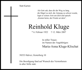 Traueranzeige von Reinhold Kluge von Tageszeitung