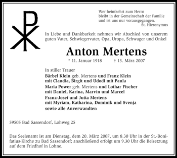 Traueranzeige von Anton Mertens von Tageszeitung