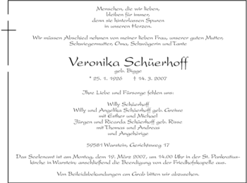 Traueranzeige von Veronika SChüerhoff von Tageszeitung
