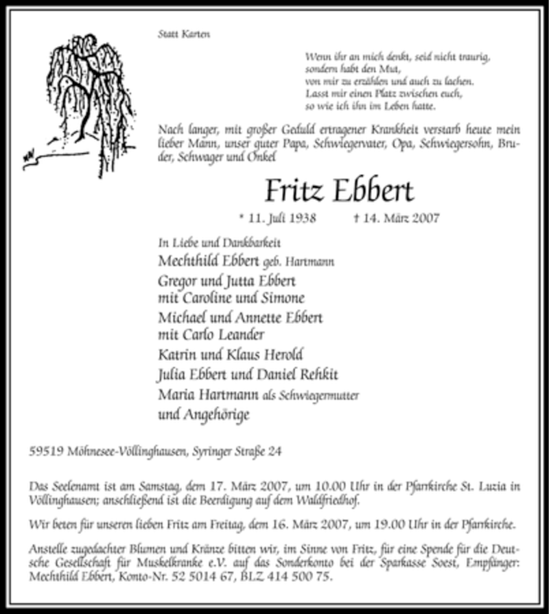  Traueranzeige für Fritz Ebbert vom 16.03.2007 aus Tageszeitung