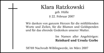 Traueranzeige von Klara Ratzkowski von Tageszeitung