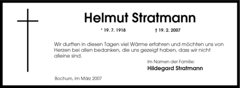  Traueranzeige für Helmut Stratmann vom 17.03.2007 aus Tageszeitung