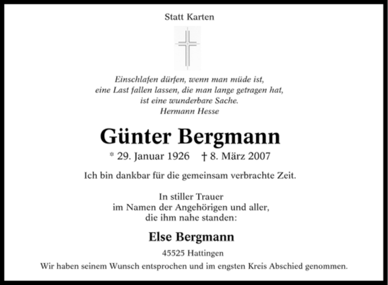  Traueranzeige für Günter Bergmann vom 17.03.2007 aus Tageszeitung