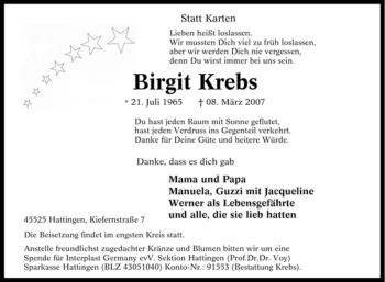Traueranzeige von Birgit Krebs von Tageszeitung
