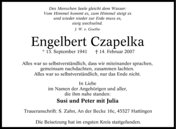 Traueranzeige von Engelbert Czapelka von Tageszeitung