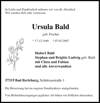 Traueranzeige von Ursula Bald von Tageszeitung