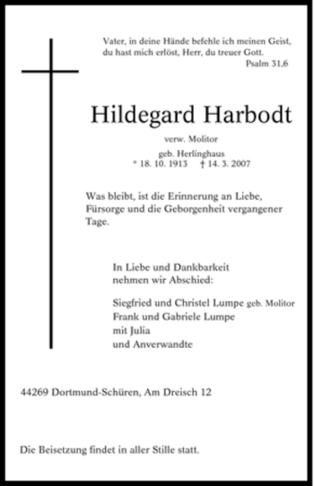 Traueranzeige von Hildegard Harbodt von Tageszeitung