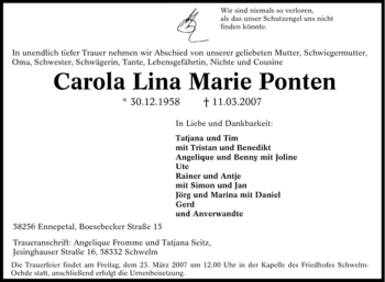 Traueranzeige von Carola Lina Marie Ponten von Tageszeitung