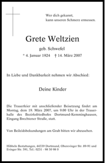Traueranzeige von Grete Weltzien von Tageszeitung