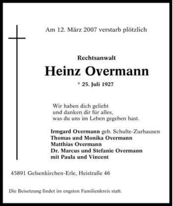 Traueranzeige von Heinz Overmann von Tageszeitung