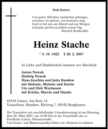 Traueranzeige von Heinz Stache von Tageszeitung