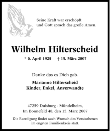 Traueranzeige von Wilhelm Hilterscheid von Tageszeitung