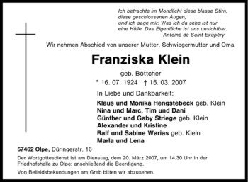 Traueranzeige von Franziska Klein von Tageszeitung