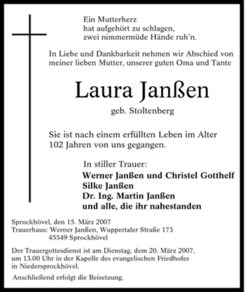 Traueranzeige von Laura Janßen von Tageszeitung