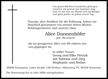 Traueranzeige von Alice Dannenhöfer von Tageszeitung