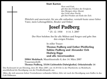 Traueranzeige von Josef Padberg von Tageszeitung