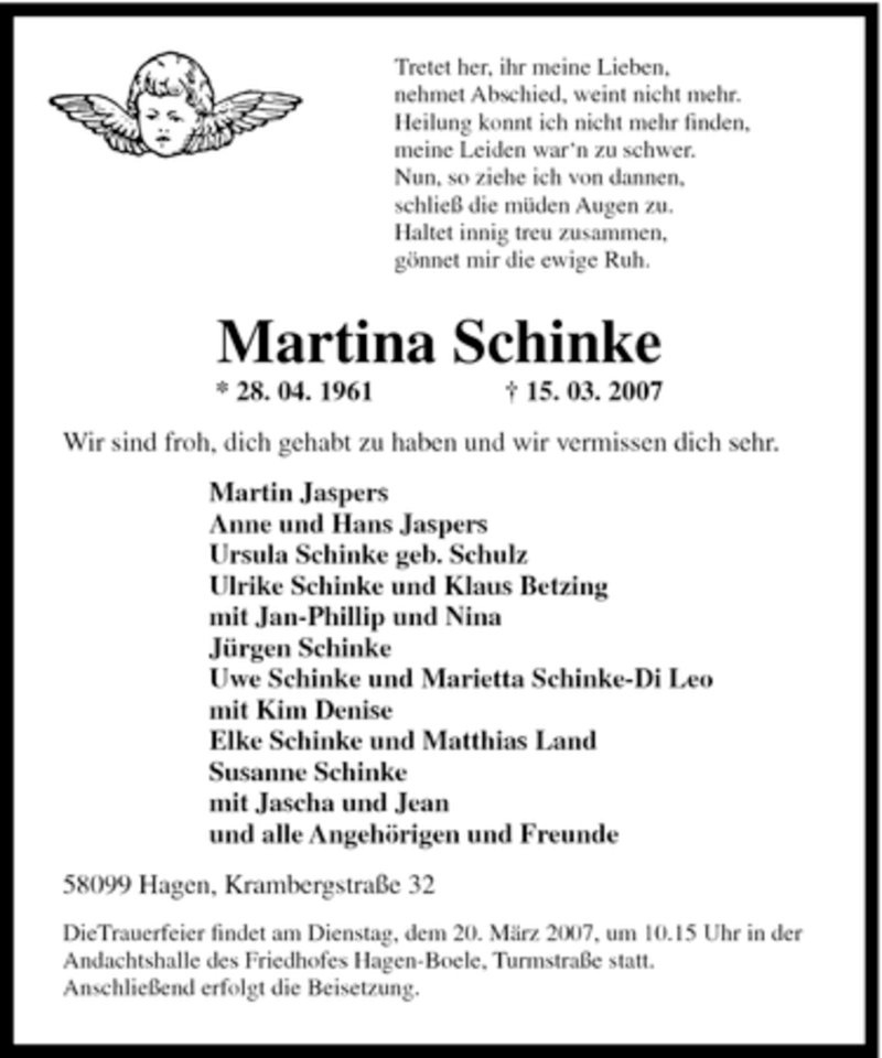  Traueranzeige für Martina Schinke vom 17.03.2007 aus Tageszeitung
