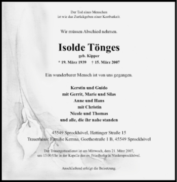 Traueranzeige von Isolde Tönges von Tageszeitung