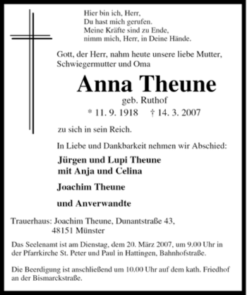 Traueranzeige von Anna Theune von Tageszeitung