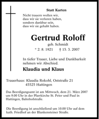 Traueranzeige von Gertrud Roloff von Tageszeitung