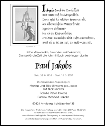 Traueranzeige von Paul Jakobs von Tageszeitung