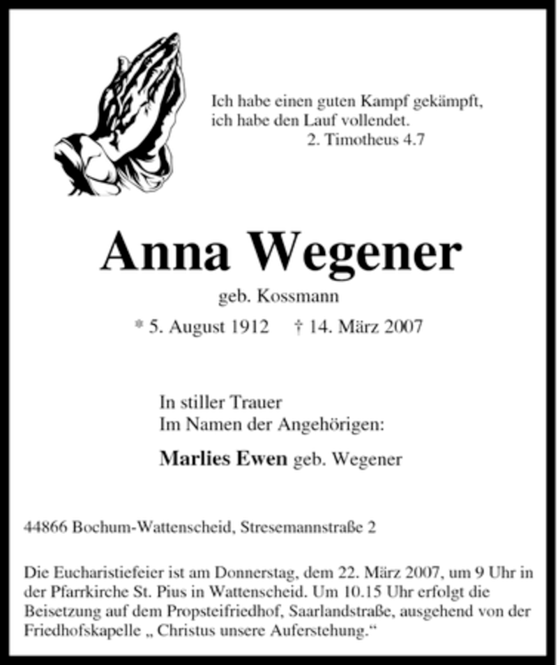 Traueranzeigen von Anna Wegener | Trauer-in-NRW.de