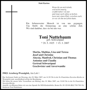 Traueranzeige von Toni Nuttebaum von Tageszeitung