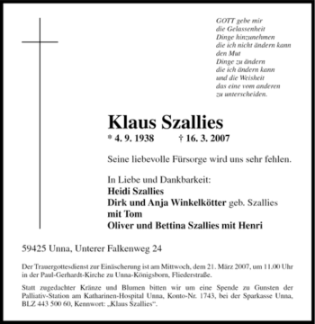 Traueranzeige von Klaus Szallies von Tageszeitung