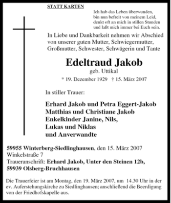 Traueranzeige von Edeltraud Jakob von Tageszeitung