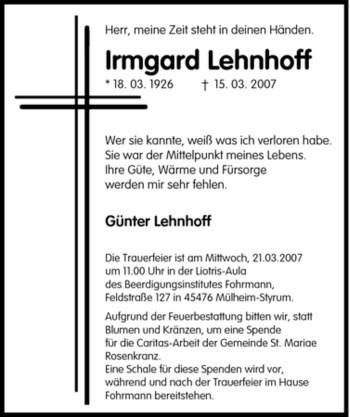 Traueranzeige von Irmgard Lehnhoff von Tageszeitung