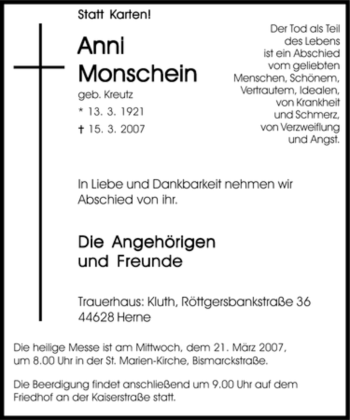 Traueranzeige von Anni Monschein von Tageszeitung