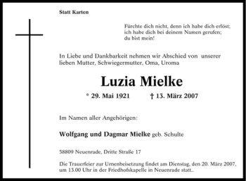 Traueranzeige von Luzia Mielke von Tageszeitung