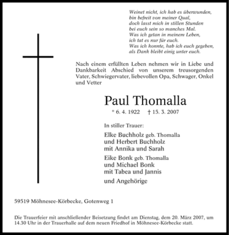  Traueranzeige für Paul Thomalla vom 17.03.2007 aus Tageszeitung
