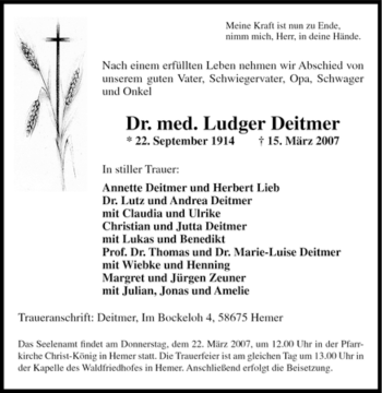 Traueranzeige von Ludger Deitmer von Tageszeitung