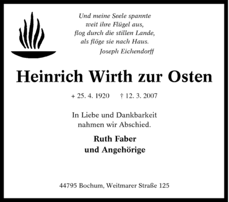  Traueranzeige für Heinrich Wirth zur Osten vom 17.03.2007 aus Tageszeitung
