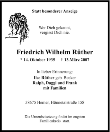 Traueranzeige von Friedrich Wilhelm Rüther von Tageszeitung