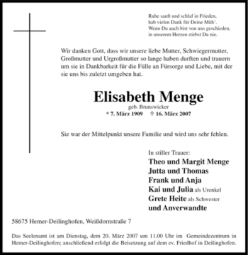 Traueranzeige von Elisabeth Menge von Tageszeitung