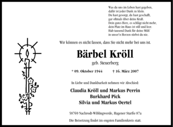 Traueranzeige von Bärbel Kröll von Tageszeitung