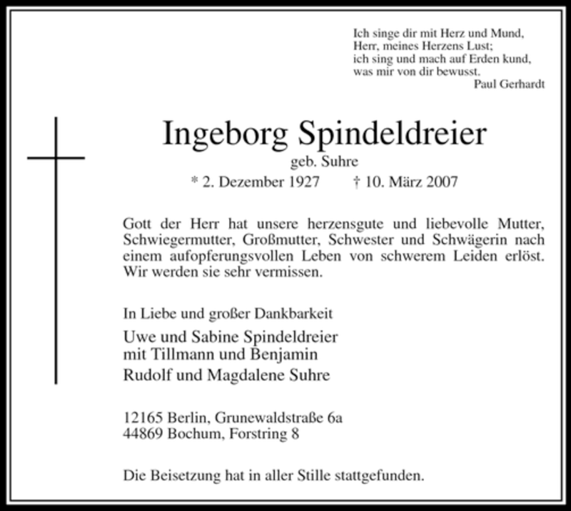  Traueranzeige für Ingeborg Spindeldreier vom 17.03.2007 aus Tageszeitung