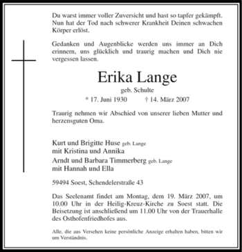 Traueranzeige von Erika Lange von Tageszeitung