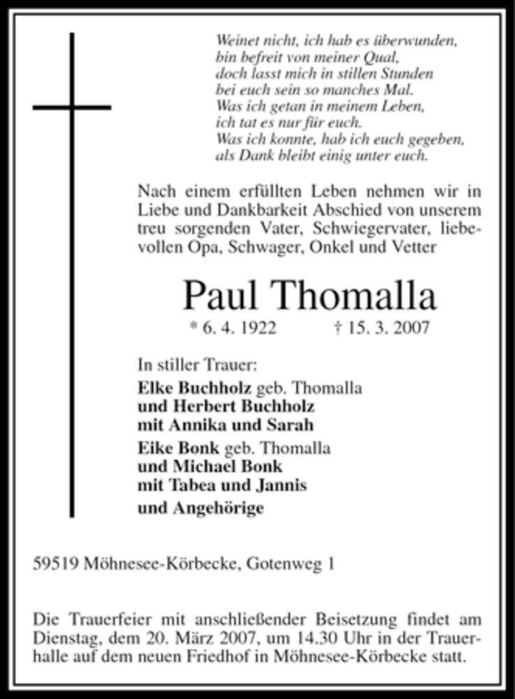  Traueranzeige für Paul Thomalla vom 17.03.2007 aus Tageszeitung