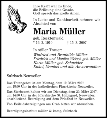 Traueranzeige von Maria Müller von Tageszeitung
