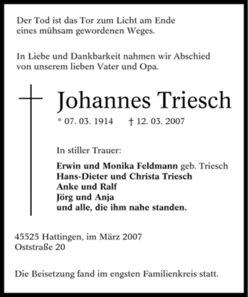 Traueranzeige von Johannes Triesch von Tageszeitung