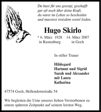 Traueranzeige von Hugo Skirlo von Tageszeitung