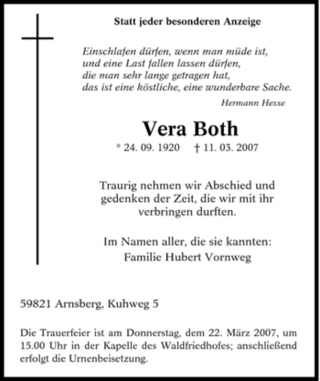 Traueranzeige von Vera Both von Tageszeitung