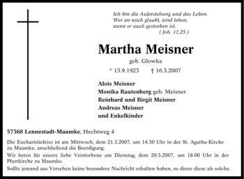 Traueranzeige von Martha Meisner von Tageszeitung