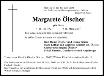 Traueranzeige von Margarete Ölscher von Tageszeitung