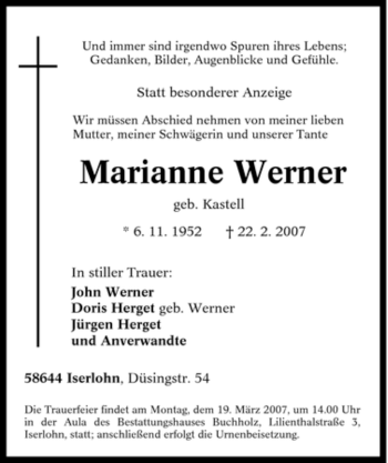 Traueranzeige von Marianne Werner von Tageszeitung
